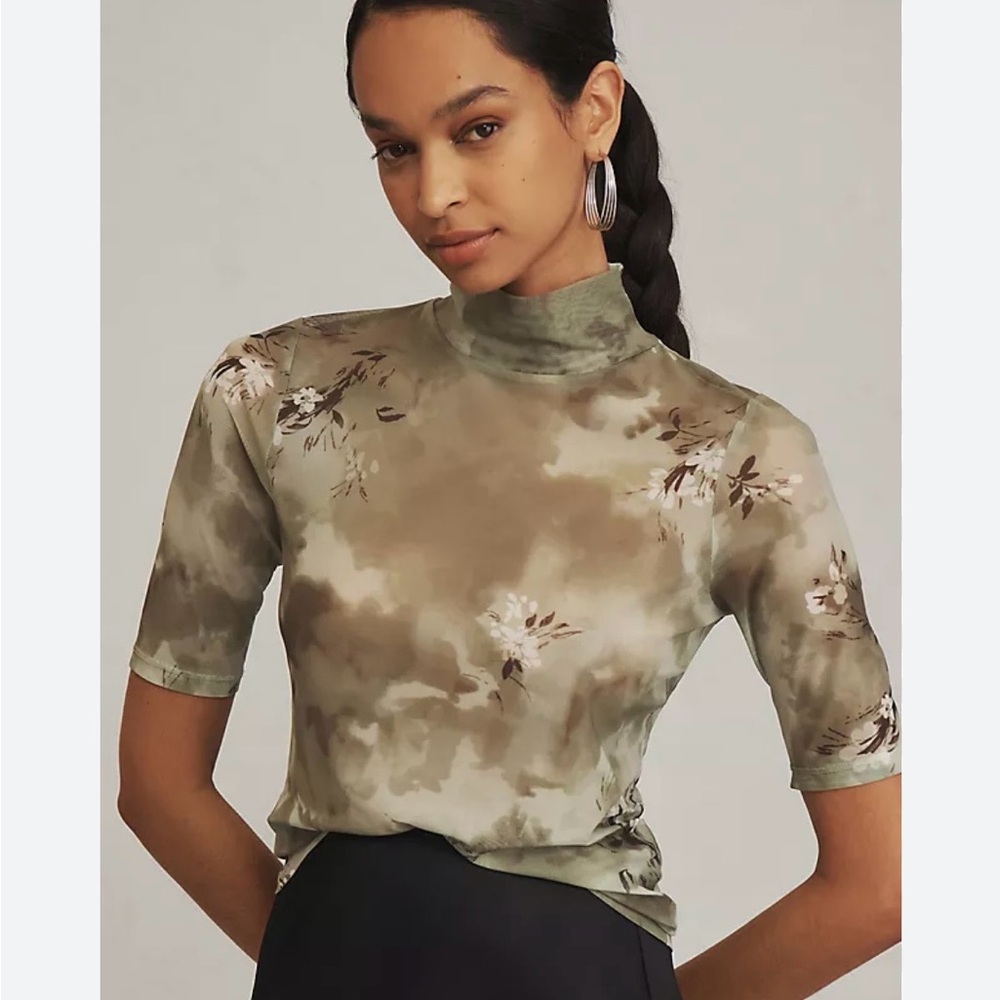 Anthropologie Mesh Olive Floral Short Sleeve Top